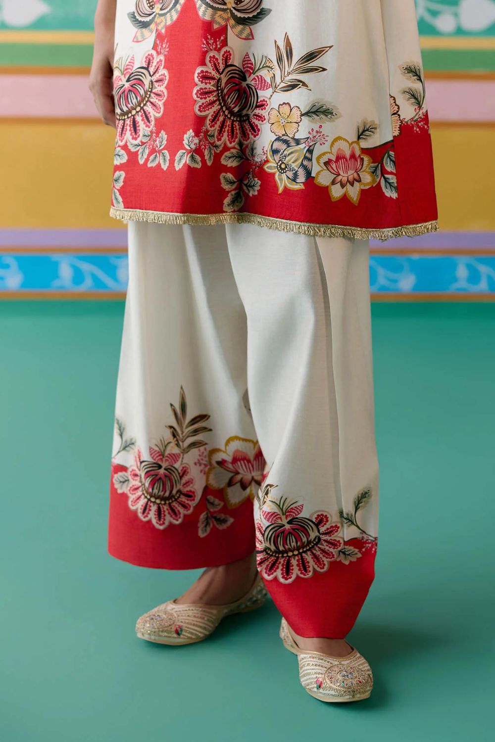 Ecru & Red Floral Square Neck Kurta Set