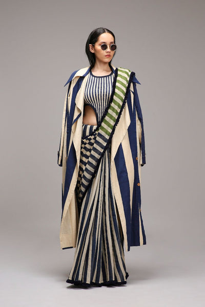 Egg-Shell Blue Green Dual Striped Saree