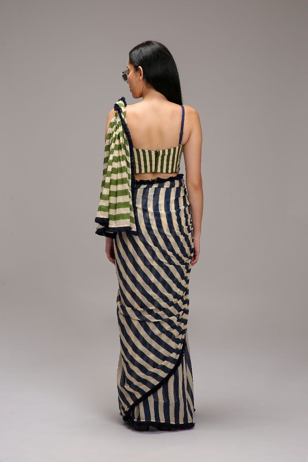 Egg-Shell Blue Green Dual Striped Saree