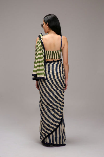 Egg-Shell Blue Green Dual Striped Saree