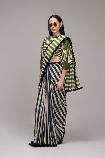 Egg-Shell Blue Green Dual Striped Saree