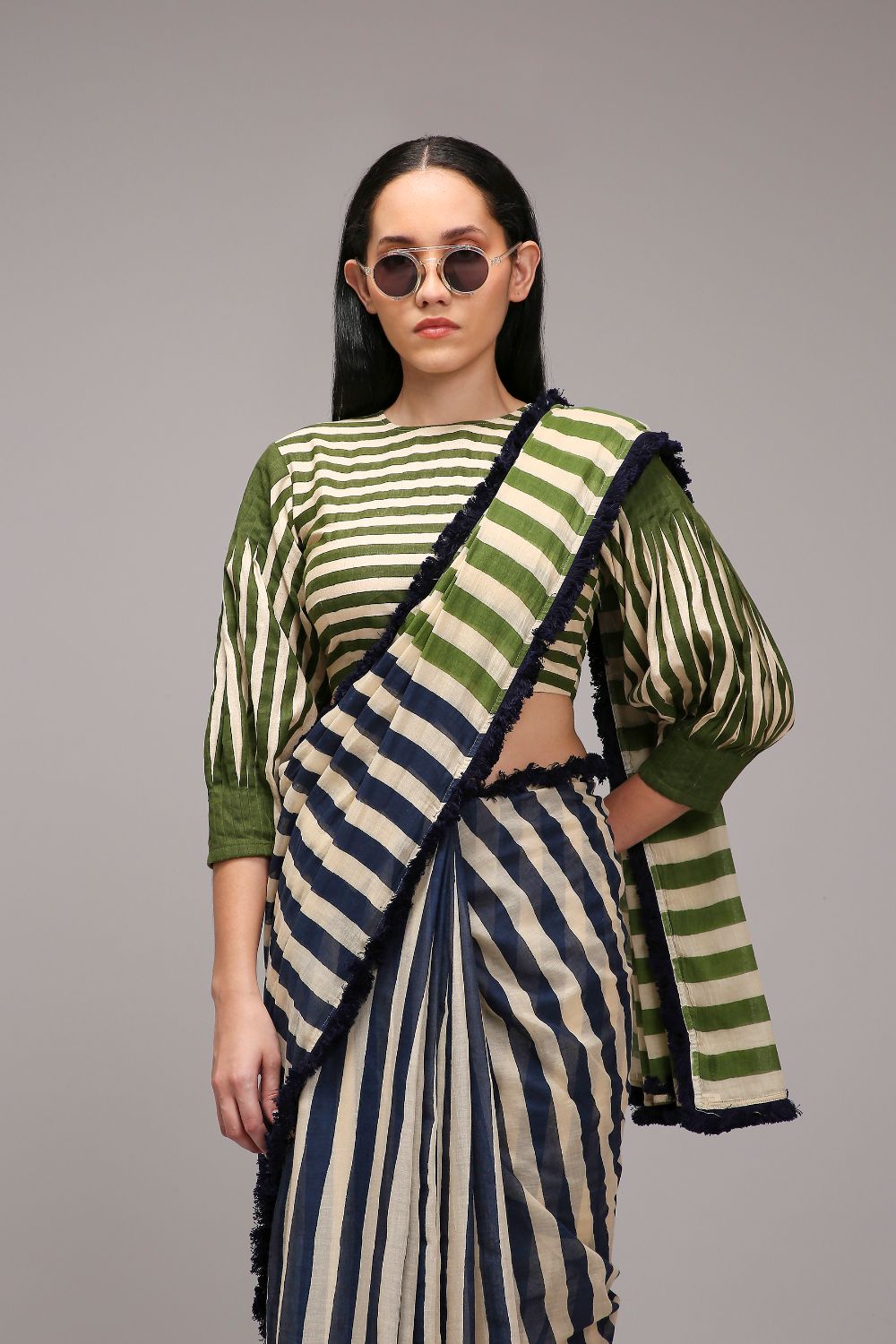 Egg-Shell Blue Green Dual Striped Saree