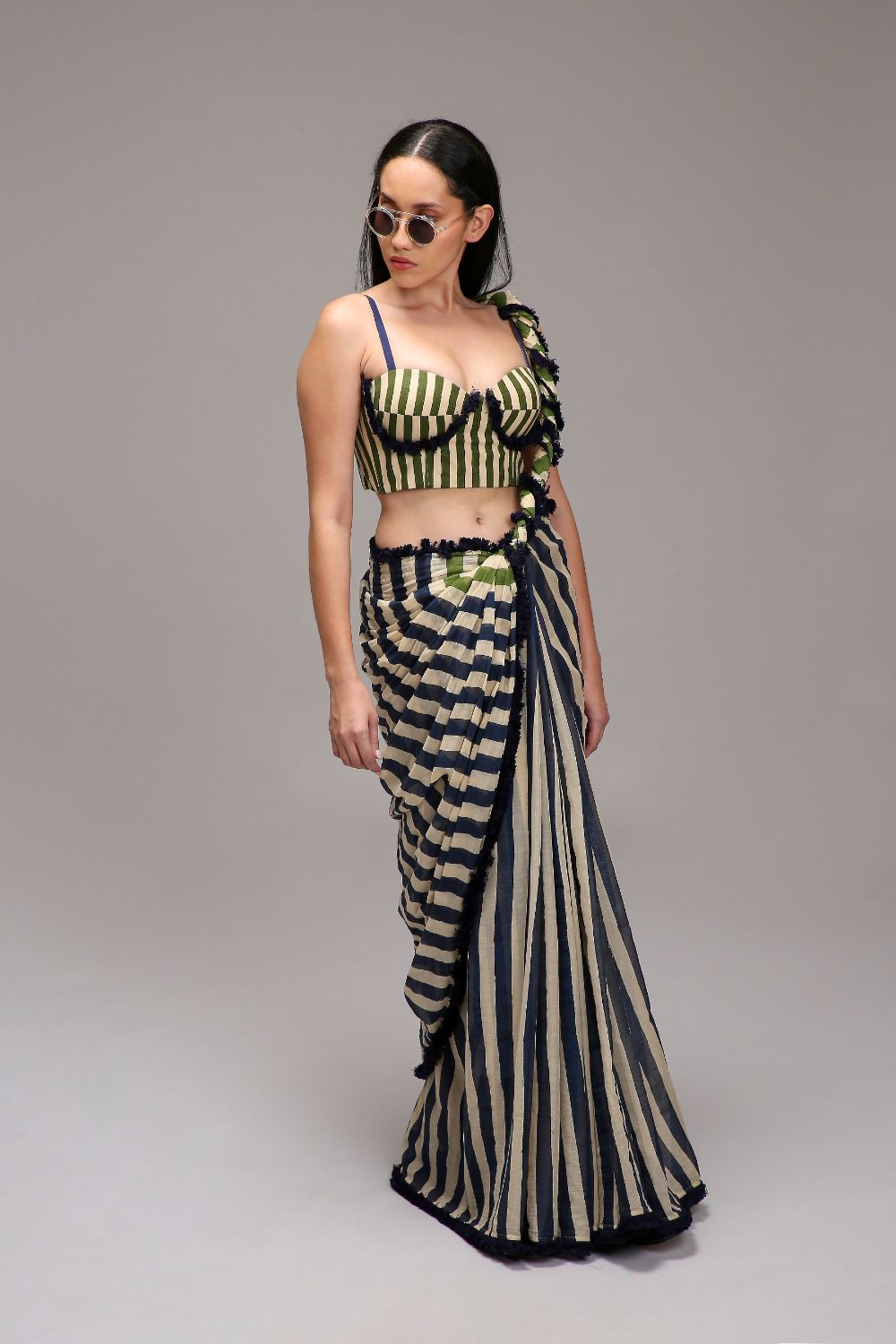 Egg-Shell Blue Green Dual Striped Saree