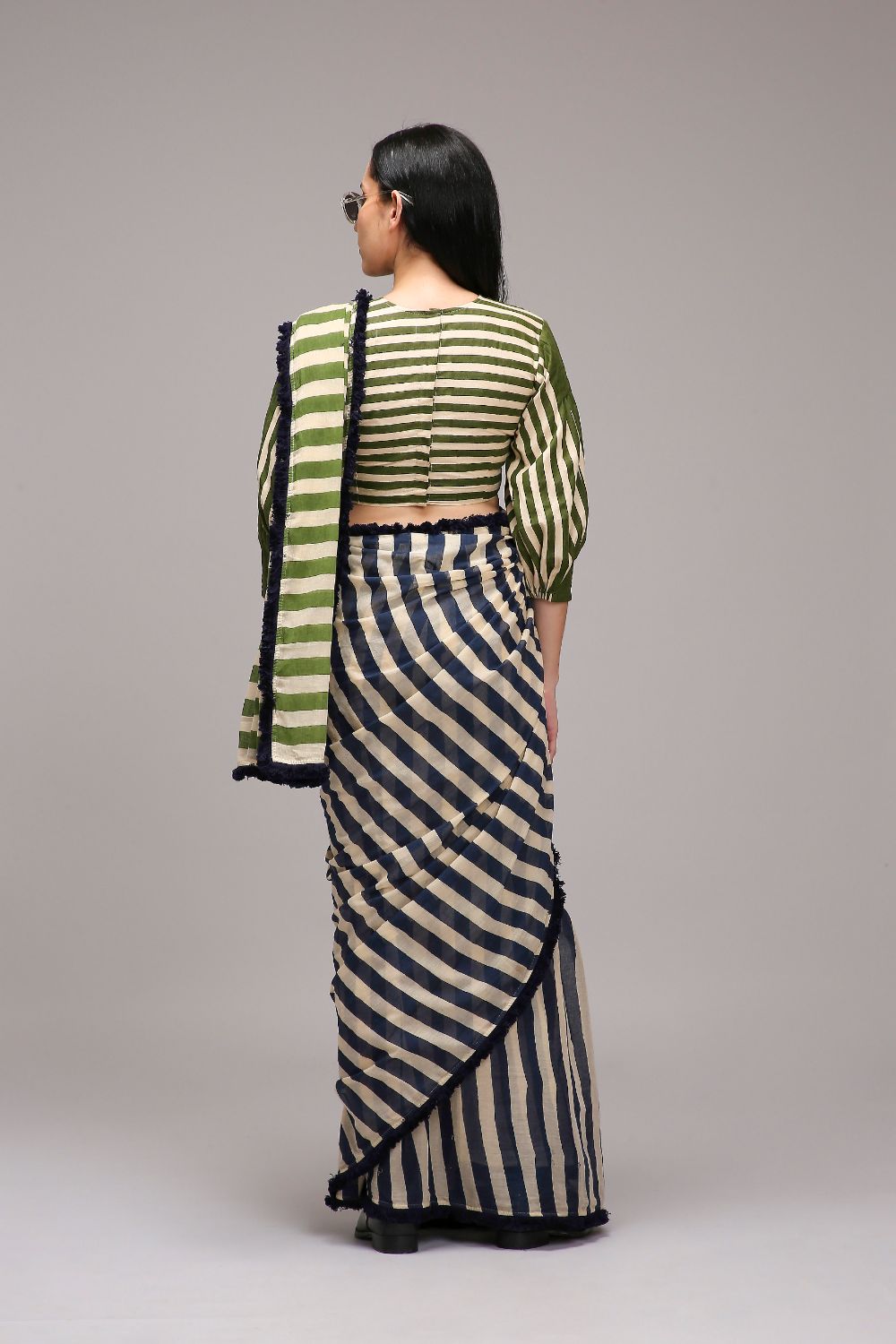 Egg-Shell Blue Green Dual Striped Saree