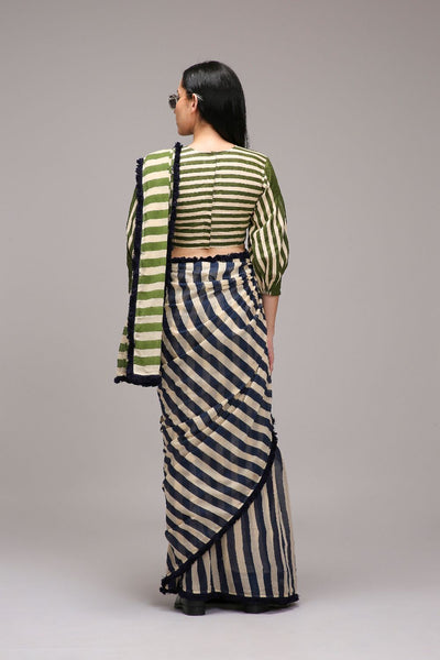 Egg-Shell Blue Green Dual Striped Saree