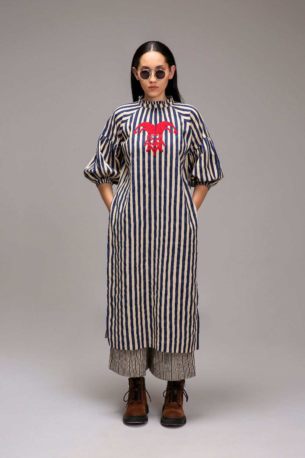 Egg-Shell Blue Striped Big Joker Tunic Set (2 PCS)