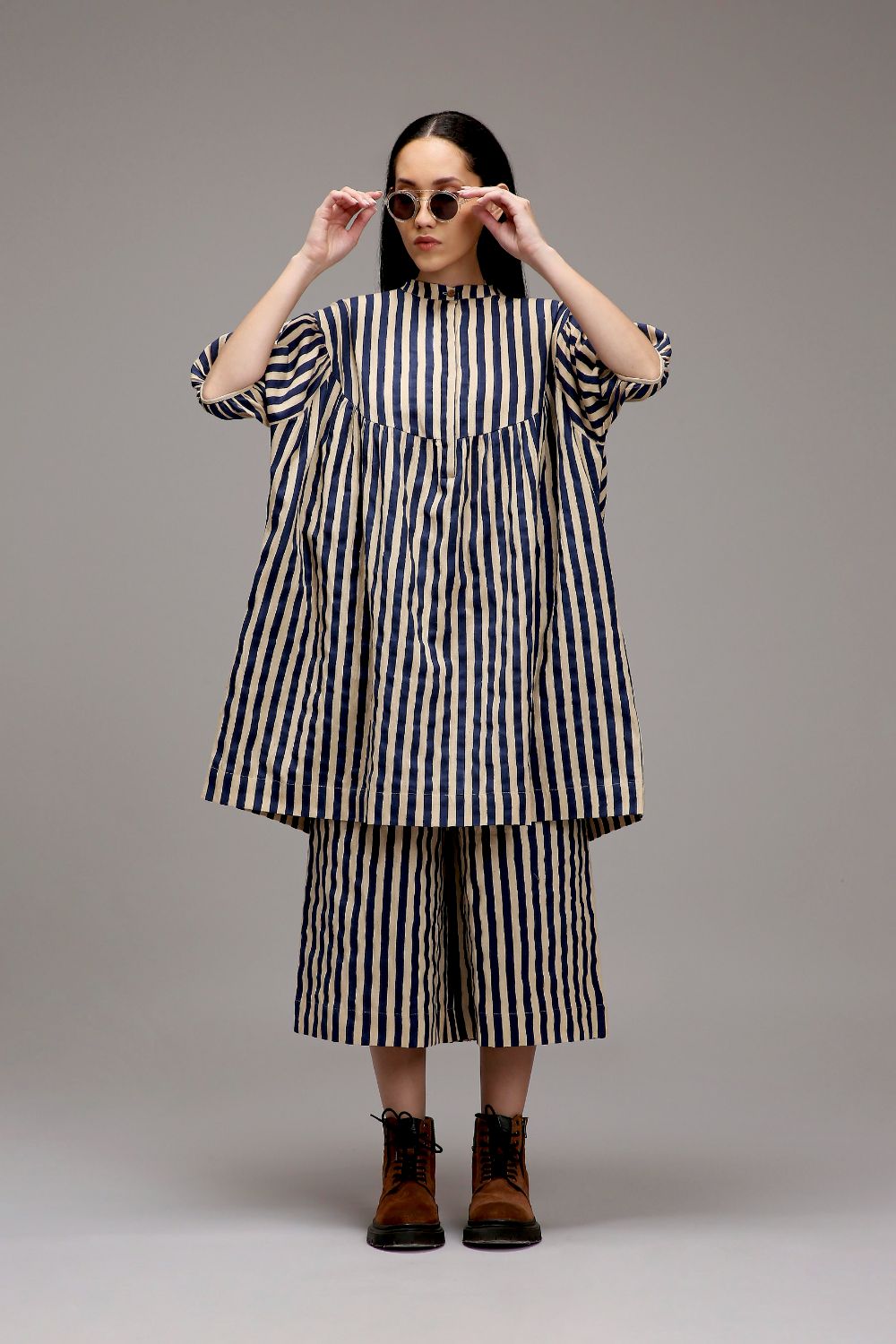 Egg-Shell Blue Striped Short Acra Tunic Set (2 PCS)