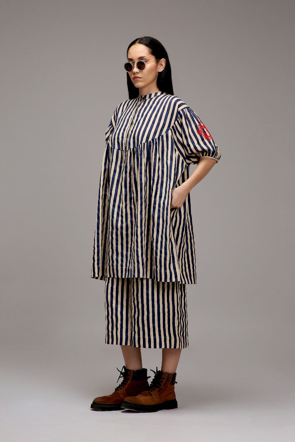 Egg-Shell Blue Striped Short Acra Tunic Set (2 PCS)