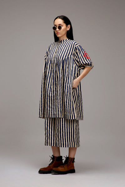 Egg-Shell Blue Striped Short Acra Tunic Set (2 PCS)