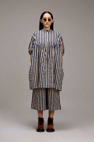Egg-Shell Blue Striped Short Acra Tunic Set (2 PCS)