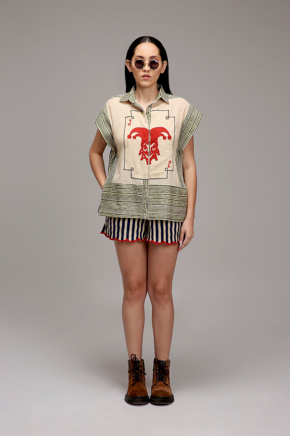 Egg-Shell Blue Striped Scallop Shorts