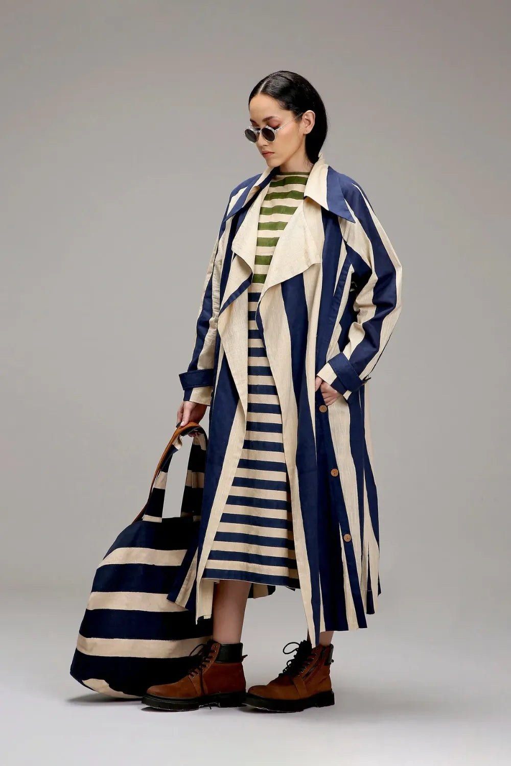 Egg-Shell Blue & Green Dual Stripe Dress Jacket Set (2 PCS)