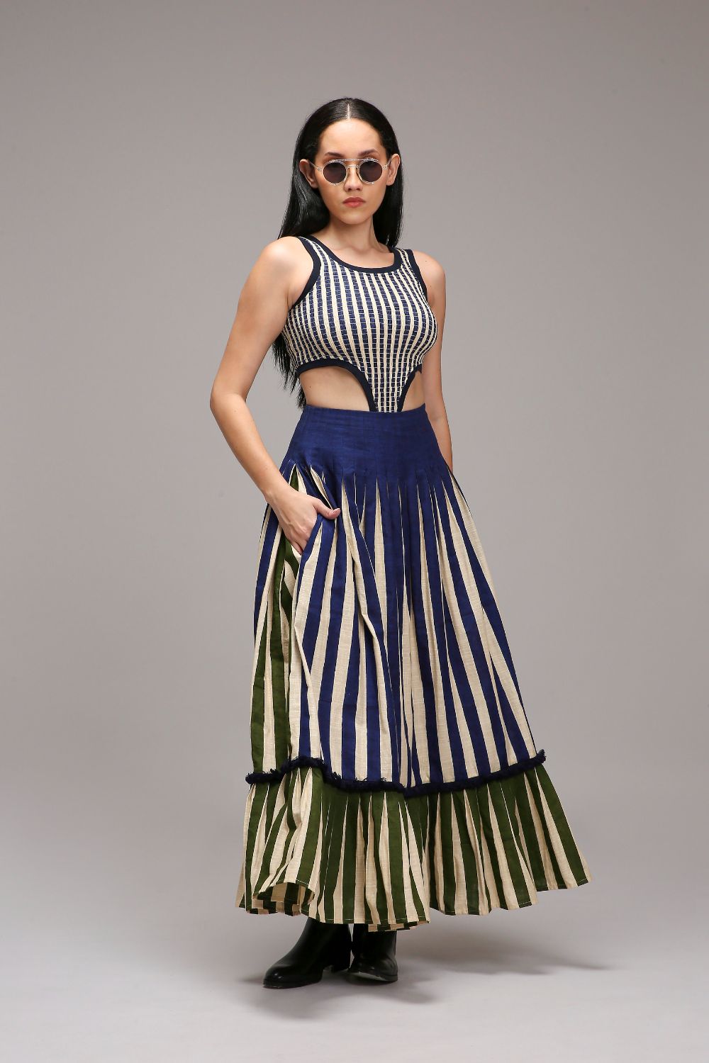 Egg-Shell Bodysuit Dual Striped Skirt Set (2 PCS)