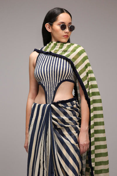 Egg-Shell Bodysuit & Dual Striped Saree Set (2 PCS)