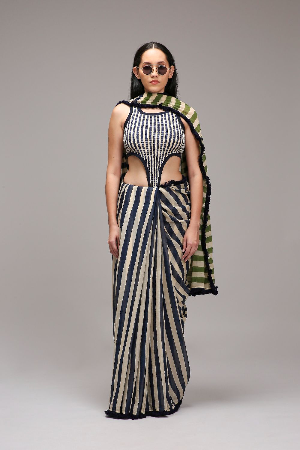 Egg-Shell Bodysuit & Dual Striped Saree Set (2 PCS)