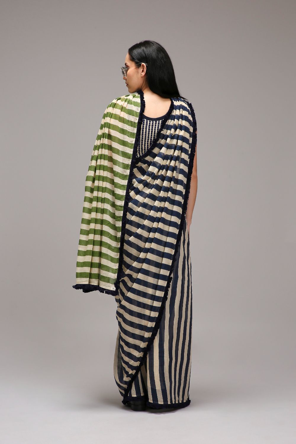 Egg-Shell Bodysuit & Dual Striped Saree Set (2 PCS)