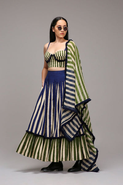 Egg-Shell Corset Dual Striped Stole Skirt Set (3 PCS)