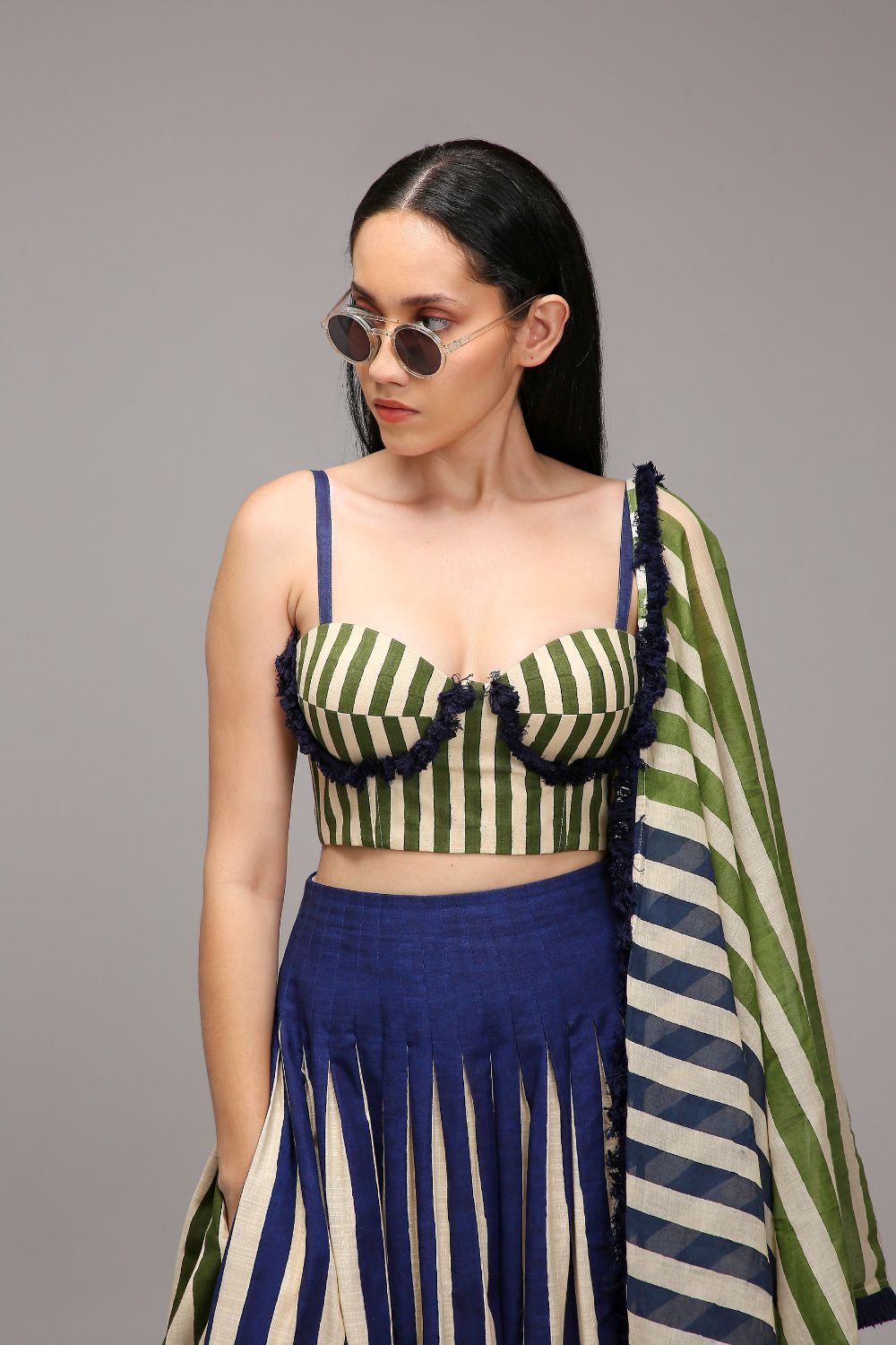 Egg-Shell Corset Dual Striped Stole Skirt Set (3 PCS)
