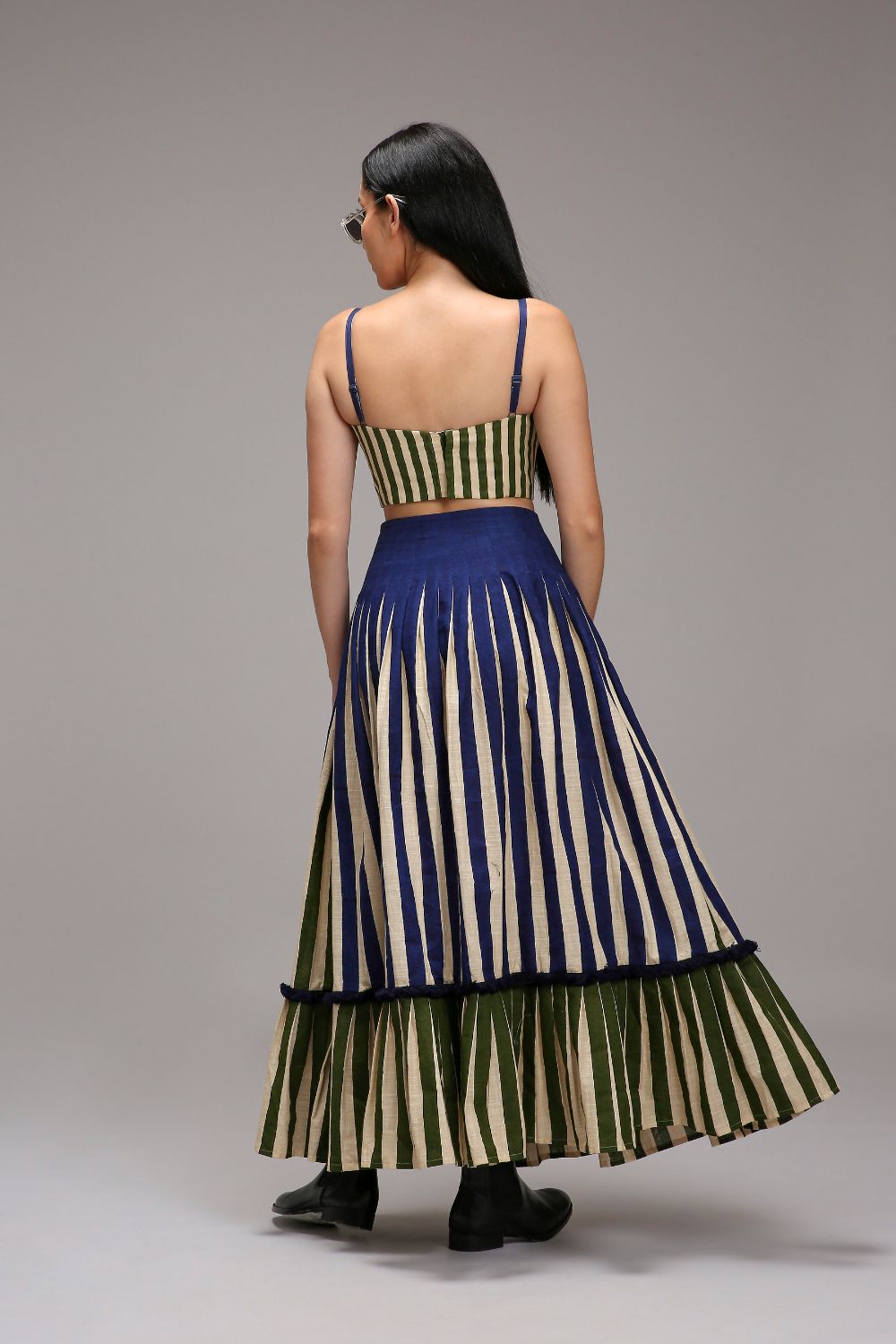 Egg-Shell Corset Dual Striped Stole Skirt Set (3 PCS)