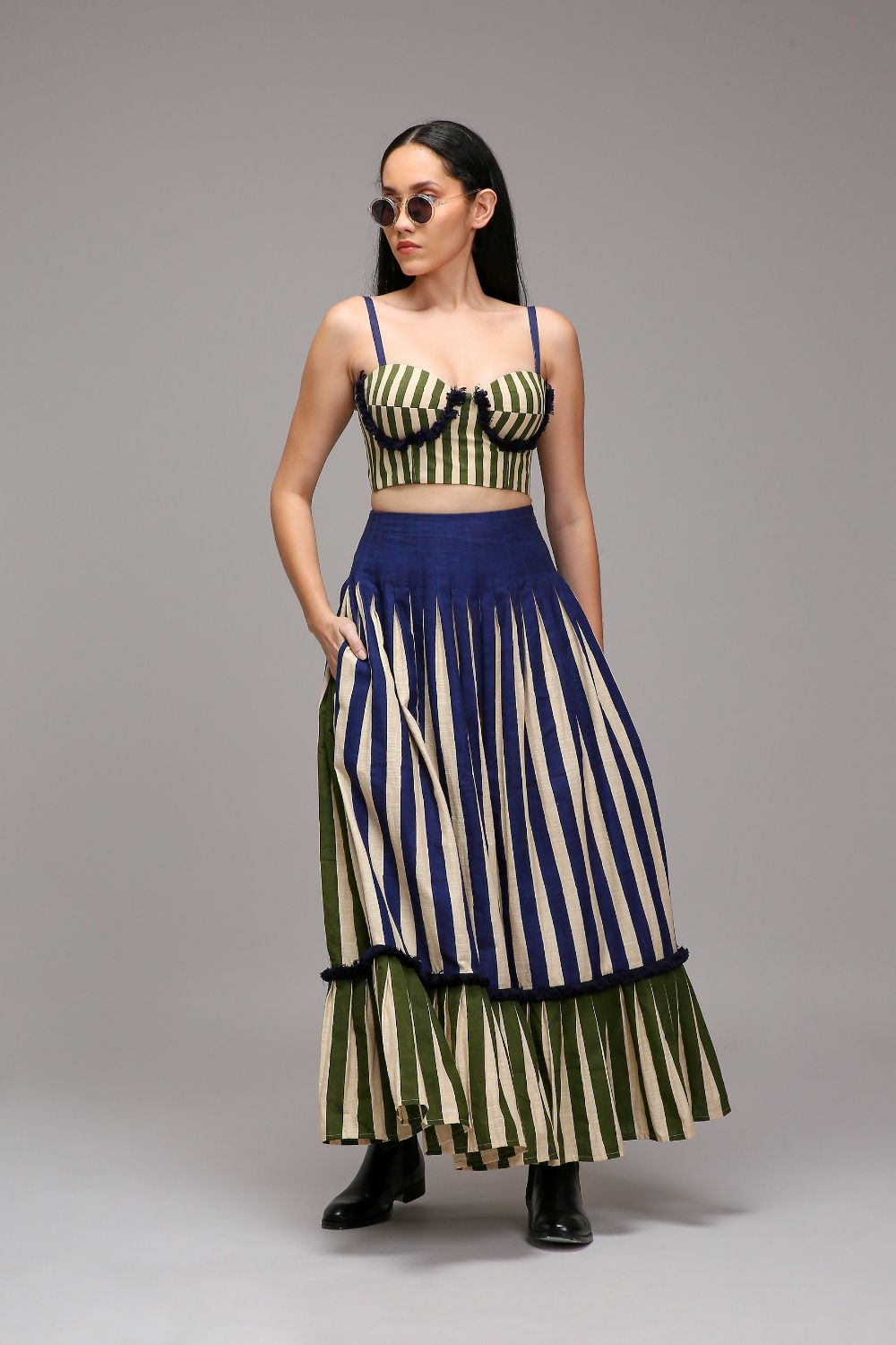 Egg-Shell Corset & Dual Striped Skirt Set (2 PCS)