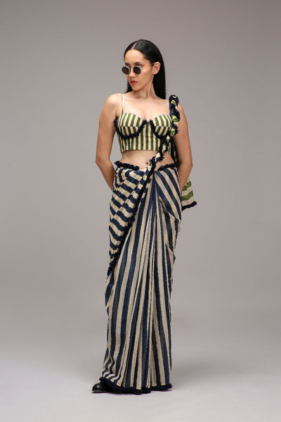 Egg-Shell Corset & Dual Striped Saree Set (2 PCS)