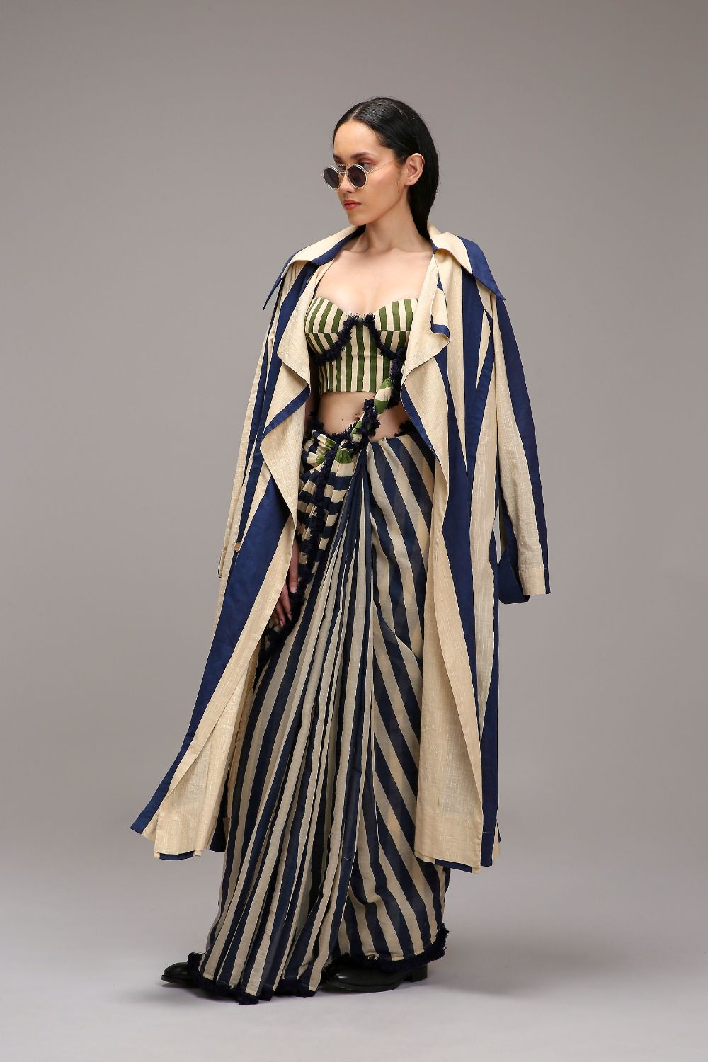 Egg-Shell Corset with Trench & Dual Striped Saree Set (3 PCS)