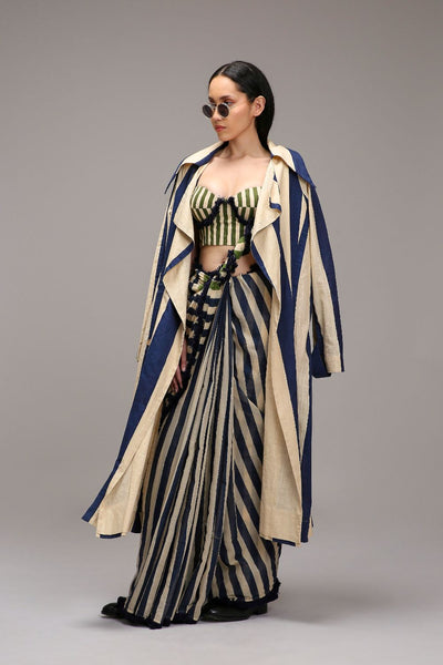 Egg-Shell Corset with Trench & Dual Striped Saree Set (3 PCS)
