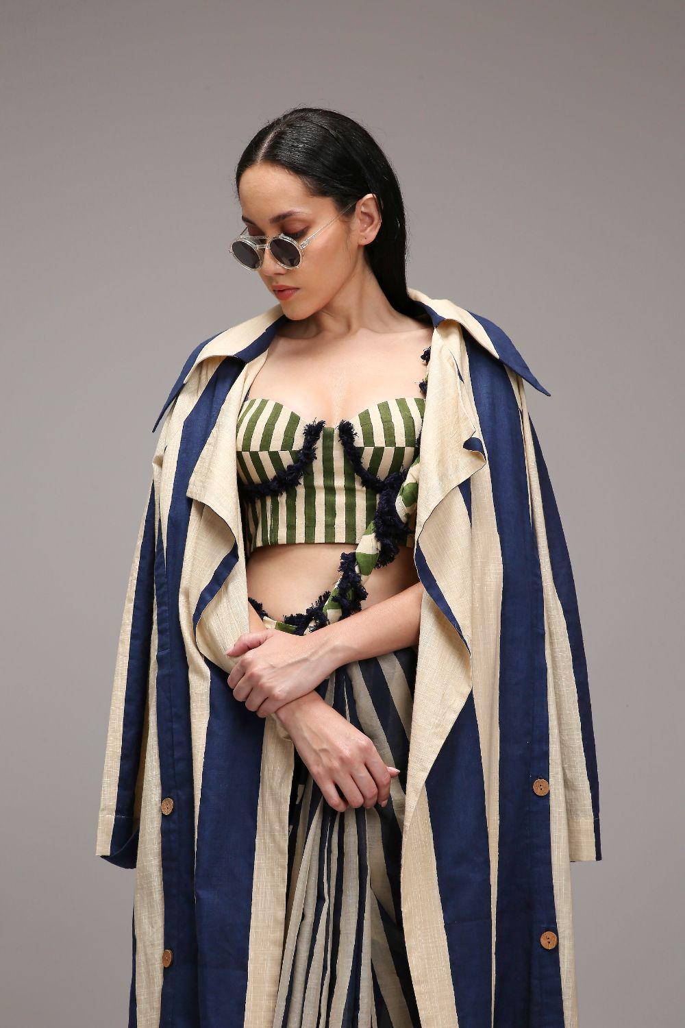 Egg-Shell Corset with Trench & Dual Striped Saree Set (3 PCS)