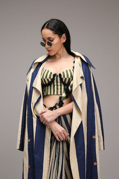 Egg-Shell Corset with Trench & Dual Striped Saree Set (3 PCS)