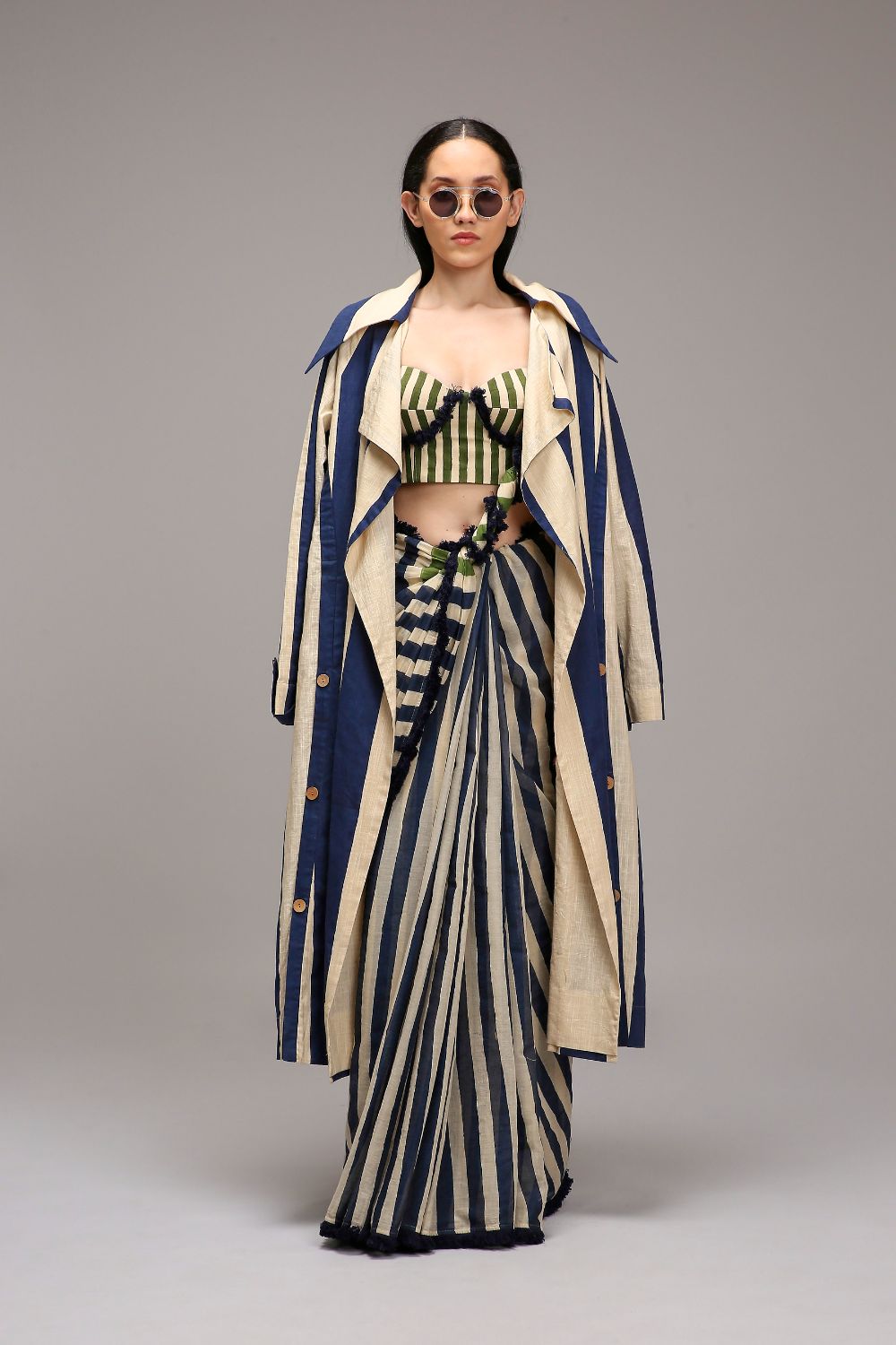 Egg-Shell Corset with Trench & Dual Striped Saree Set (3 PCS)