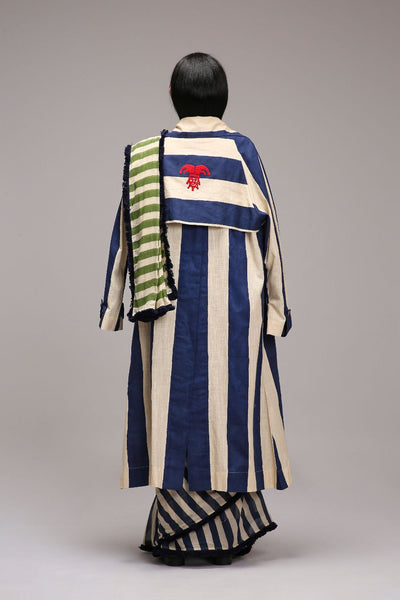 Egg-Shell Corset with Trench & Dual Striped Saree Set (3 PCS)