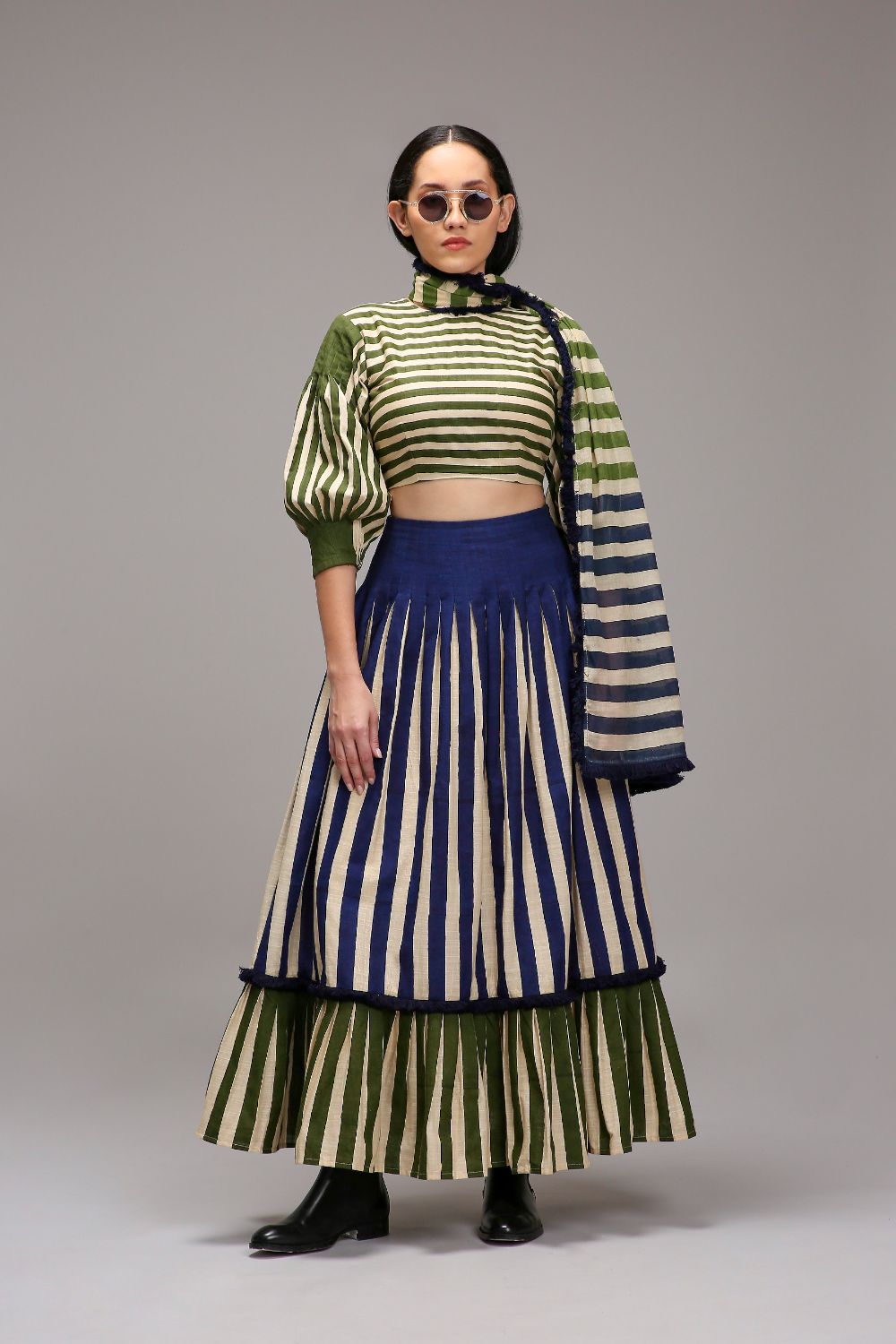 Egg-Shell Crop Top Dual Striped Stole Skirt Set (3 PCS)