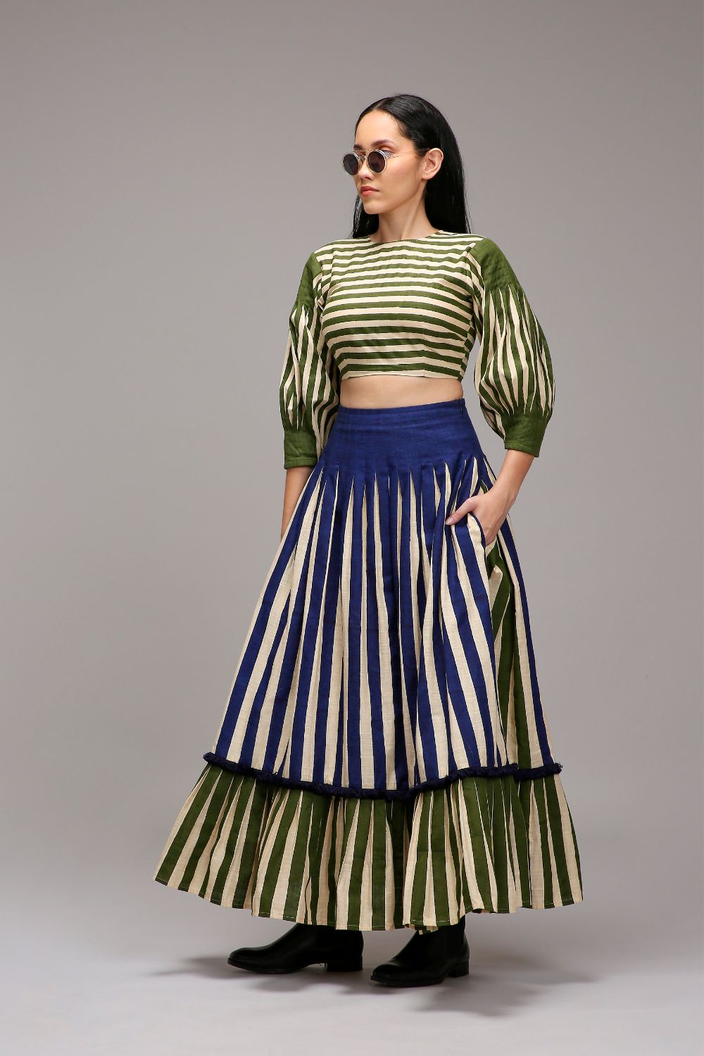 Egg-Shell Crop Top Dual Striped Stole Skirt Set (3 PCS)