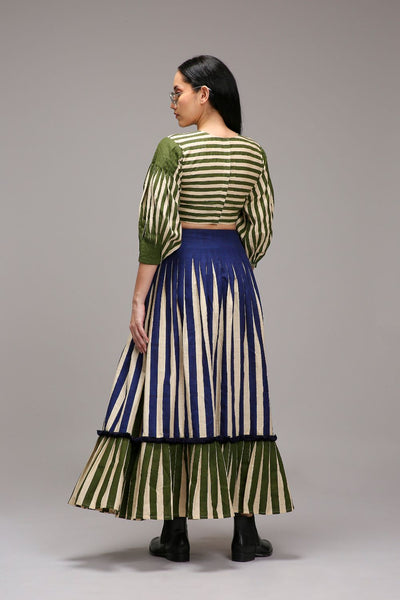 Egg-Shell Crop Top Dual Striped Stole Skirt Set (3 PCS)