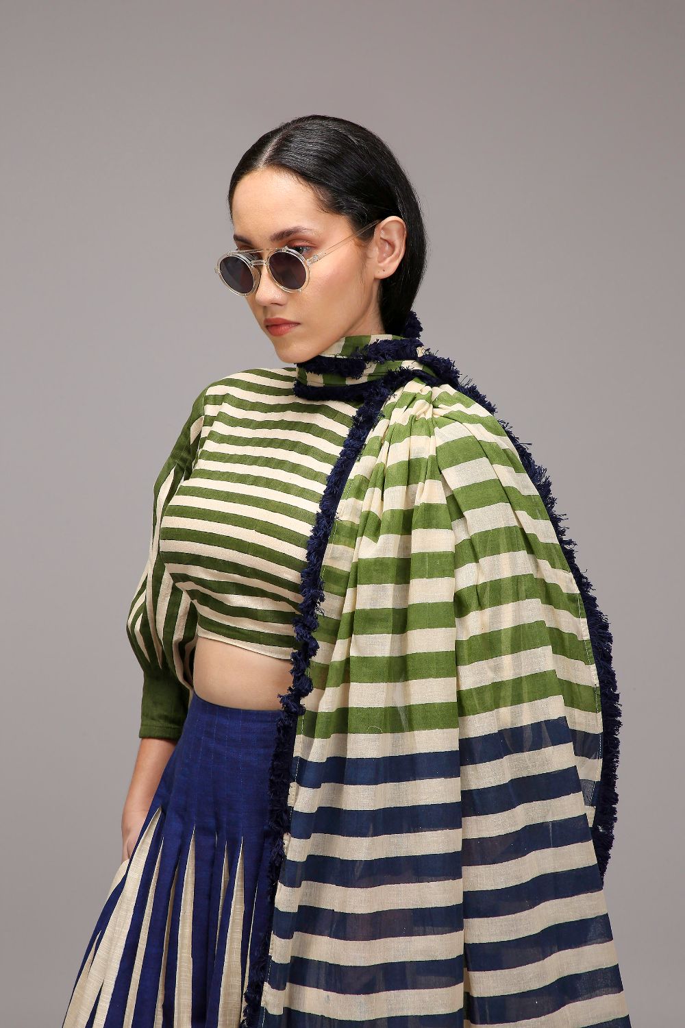 Egg-Shell Crop Top Dual Striped Stole Skirt Set (3 PCS)