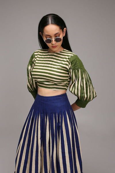 Egg-Shell Crop Top Dual Striped Stole Skirt Set (3 PCS)