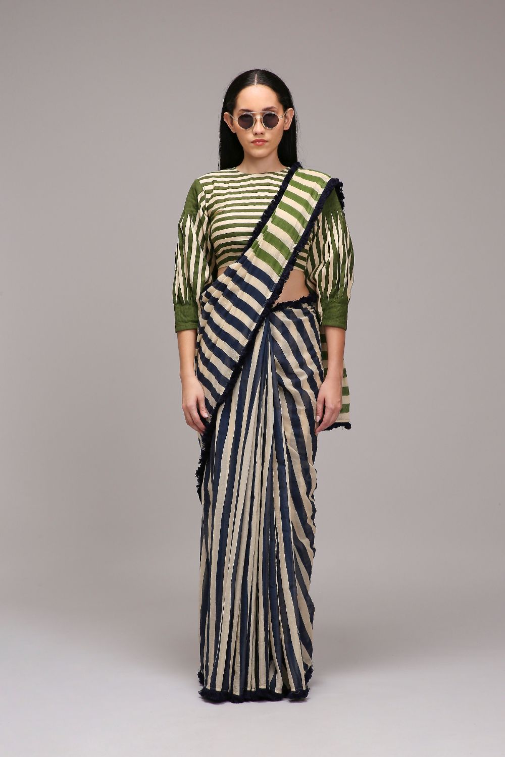 Egg-Shell Crop Top & Dual Striped Saree Set (2 PCS)