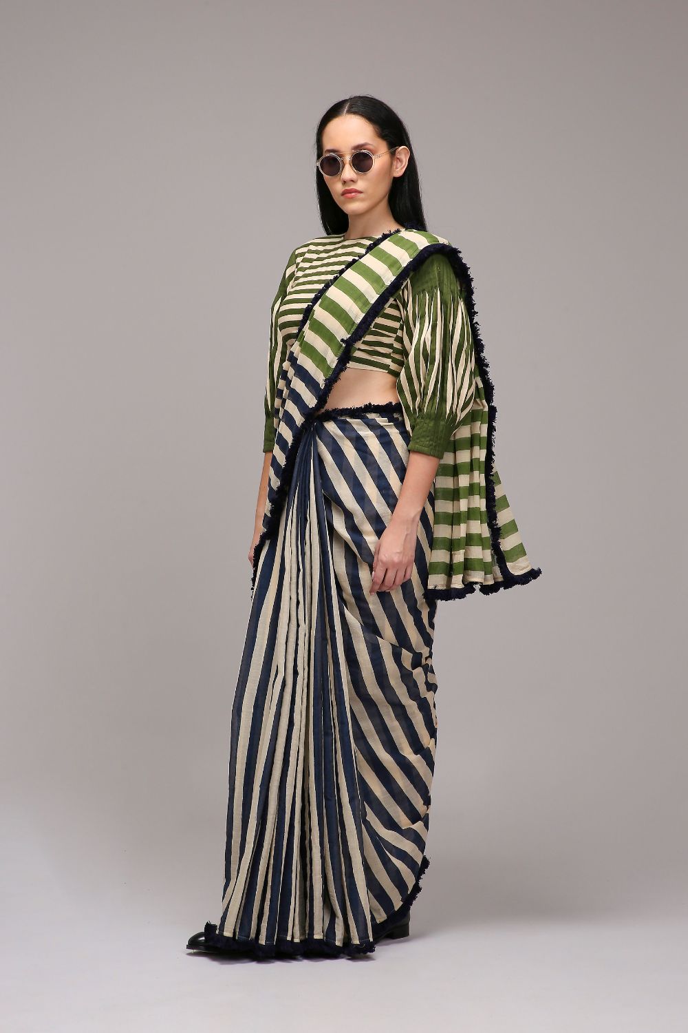 Egg-Shell Crop Top & Dual Striped Saree Set (2 PCS)