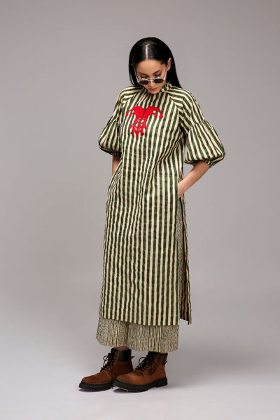 Egg-Shell Green Striped Big Joker Tunic Set (2 PCS)