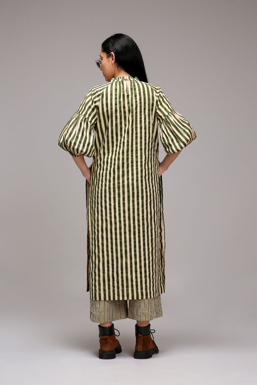 Egg-Shell Green Striped Big Joker Tunic Set (2 PCS)