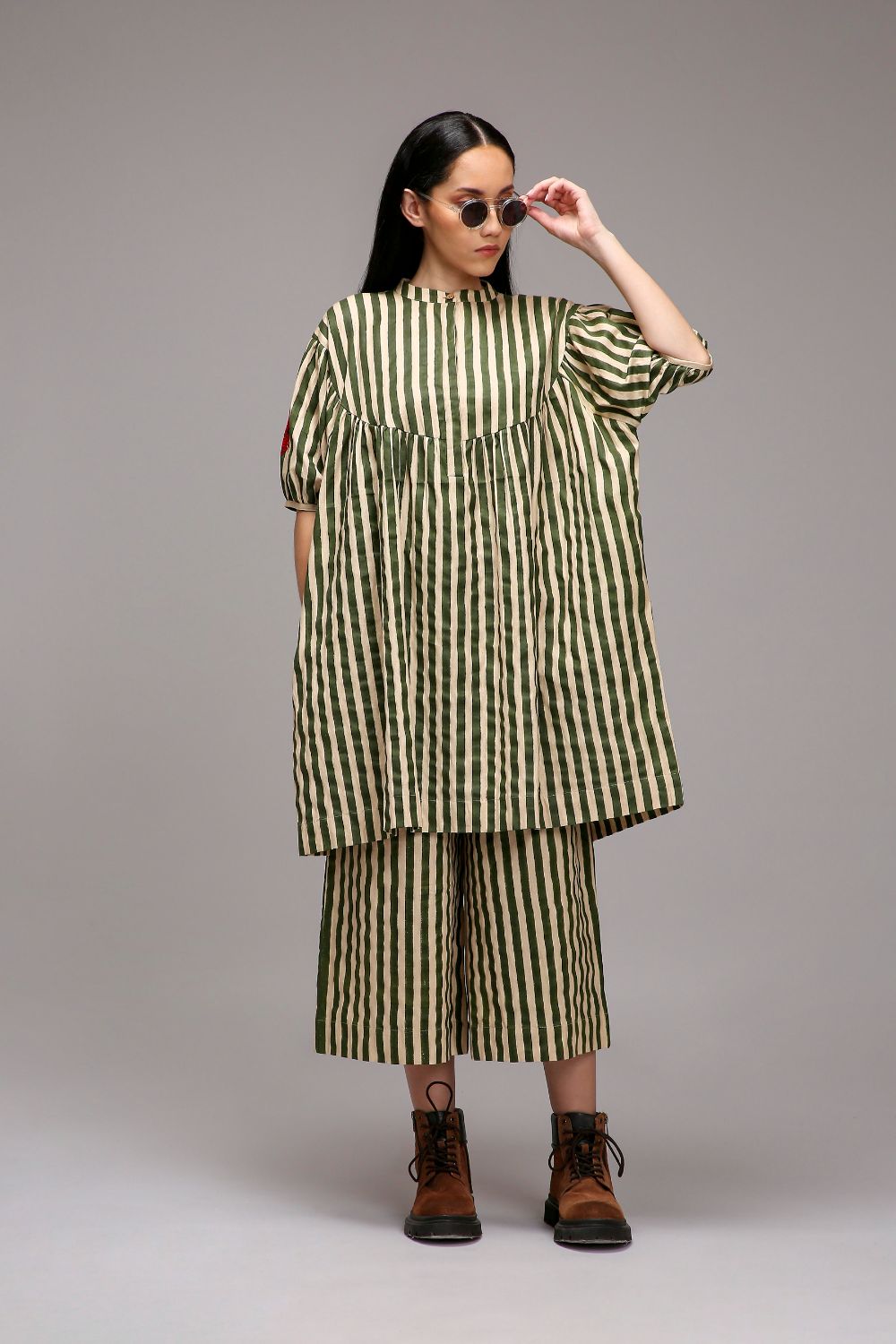 Egg-Shell Green Striped Short Acra Tunic