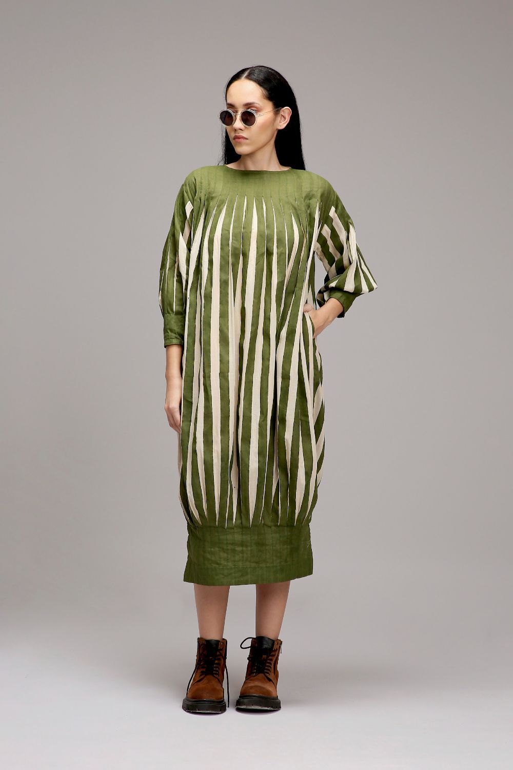 Egg-Shell Green Striped Balloon Dress