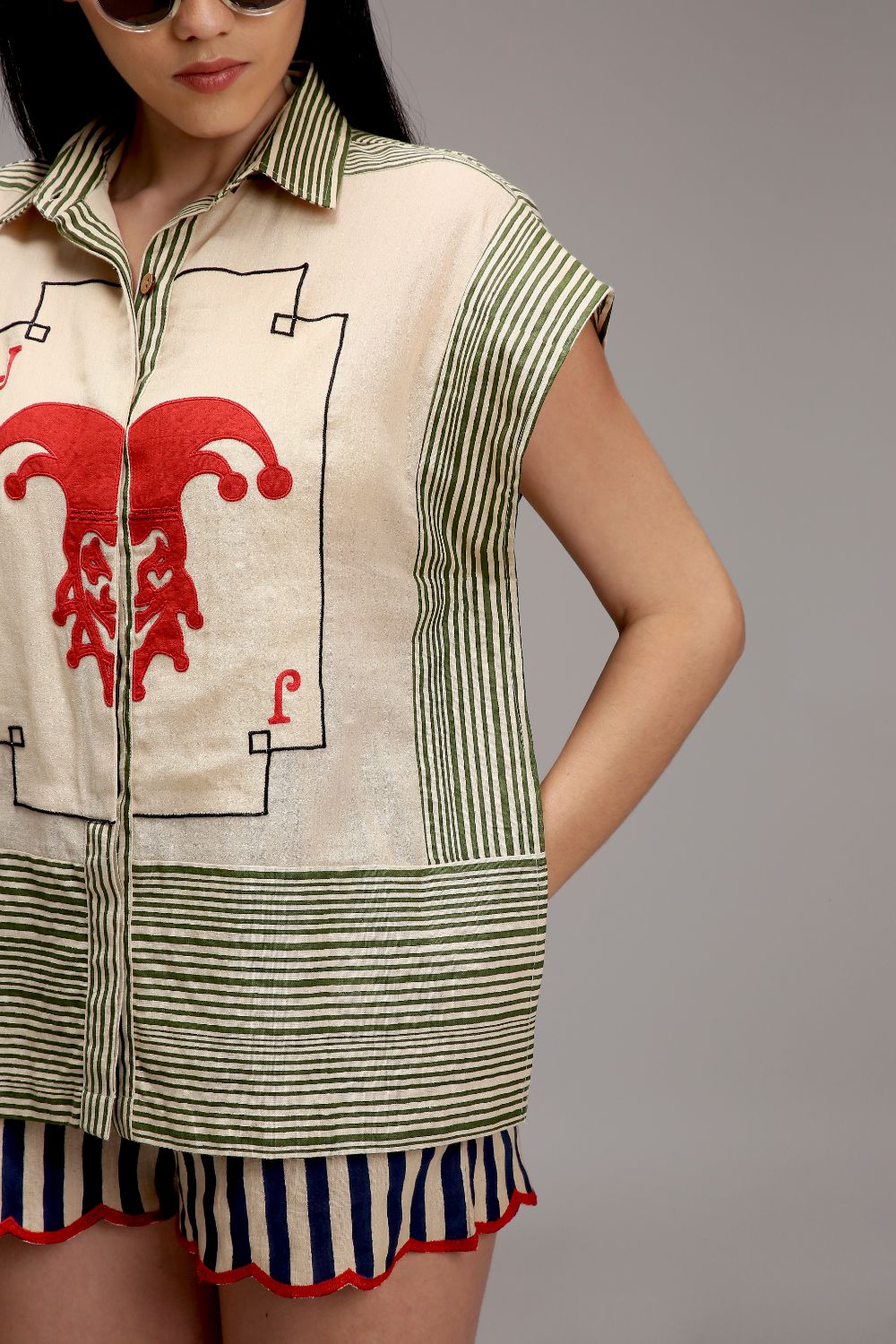 Egg-Shell Green Striped Red Joker Shirt