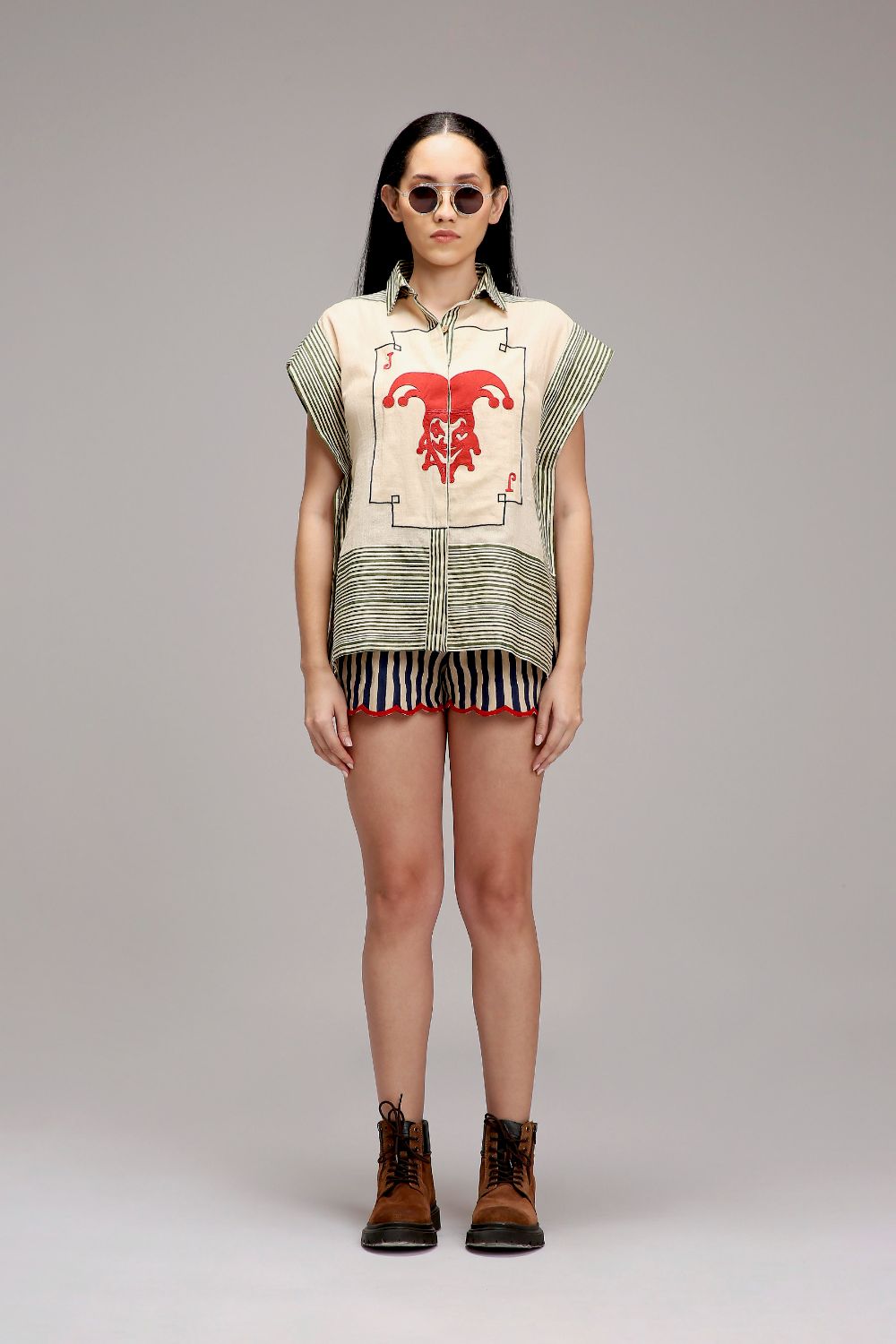 Egg-Shell Green Striped Red Joker Shirt