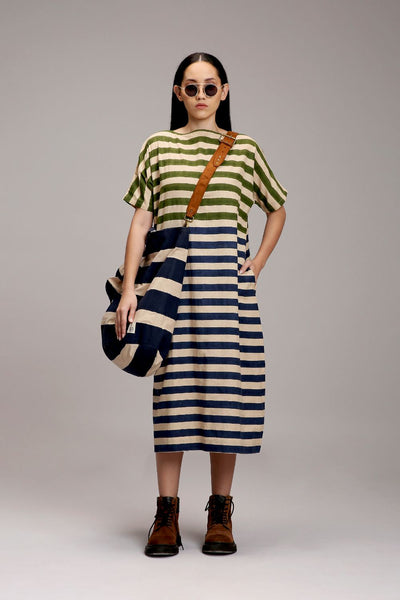 Egg-Shell Green & Blue Dual Striped Dress