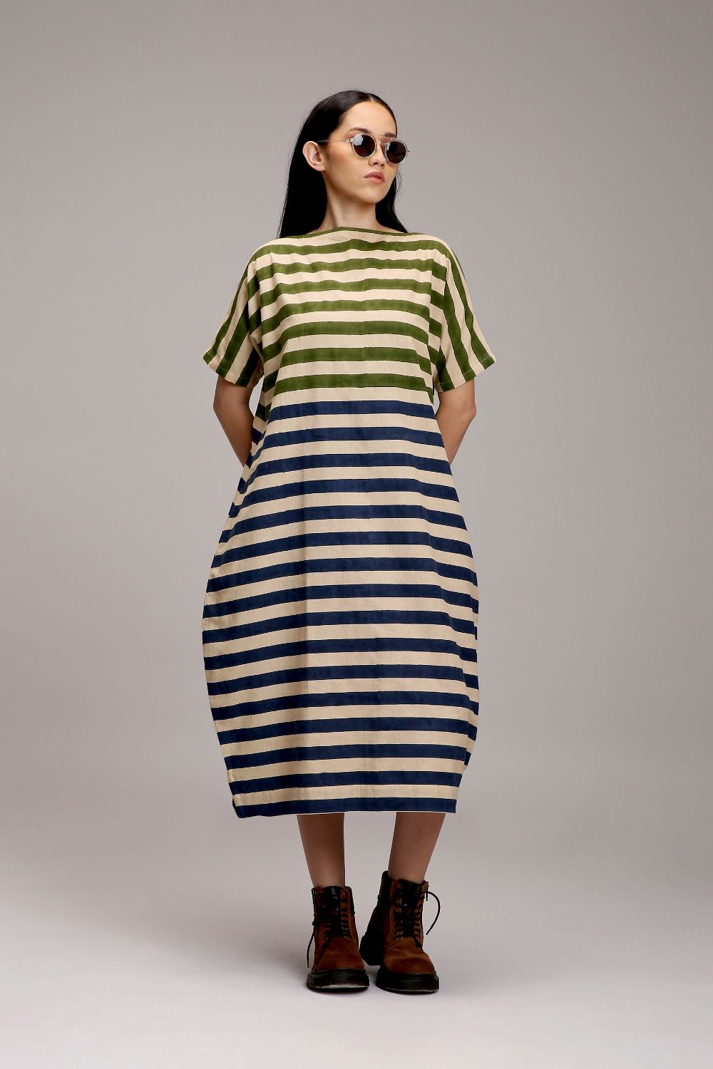 Egg-Shell Green & Blue Dual Striped Dress