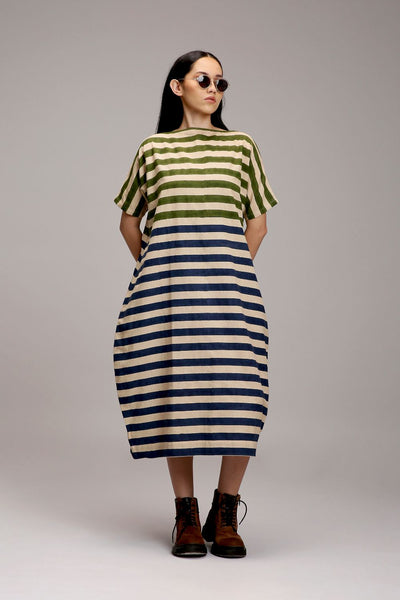 Egg-Shell Green & Blue Dual Striped Dress