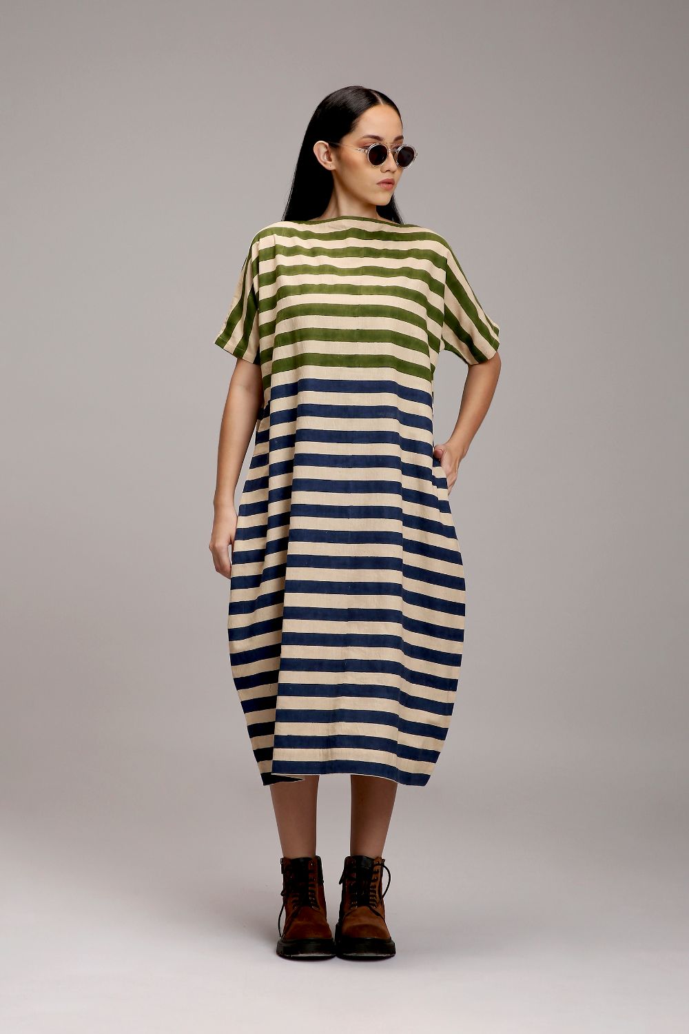 Egg-Shell Green & Blue Dual Striped Dress
