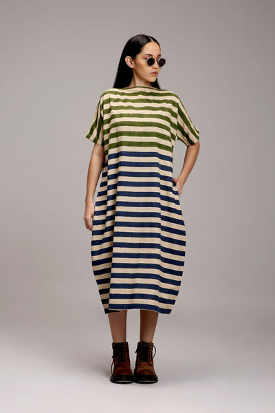 Egg-Shell Green & Blue Dual Striped Dress