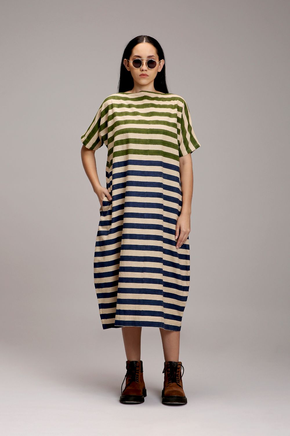 Egg-Shell Green & Blue Dual Striped Dress